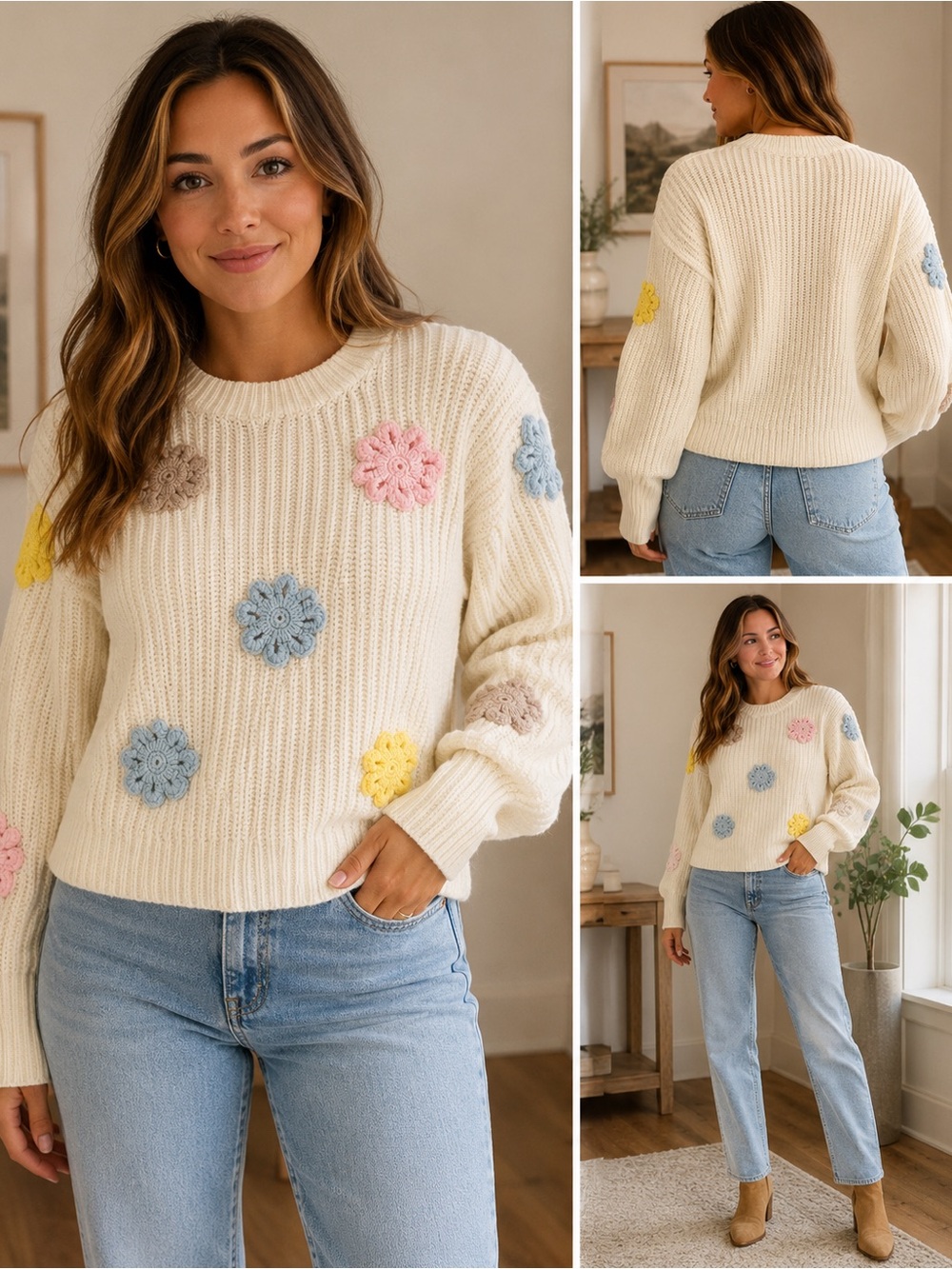 Willow & Wind Crochet Floral Appliqué Cotton Sweater Size Small